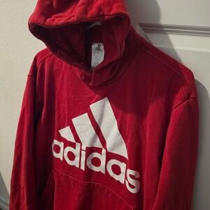 Adidas Mens Red Fleece Pullover Hoodie Large Badge of Sport Logo Graphic L